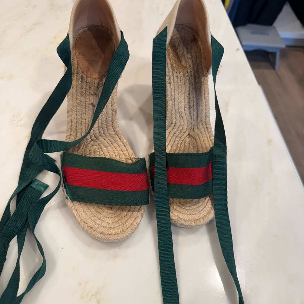 Gucci Green and Red Espadrille Shoes with Ankle Wrap
